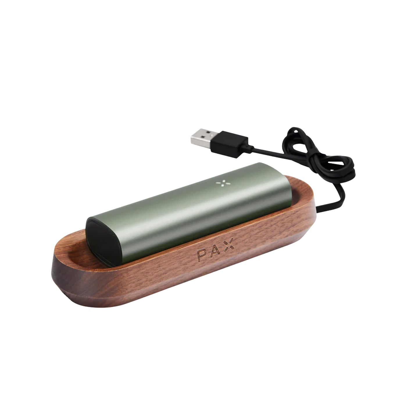 PAX Holz-Ladestation im Einsatz mit eingesetztem PAX Vaporizer und USB-Ladegerät – stilvolles Aufladen auf einer ebenen Oberfläche