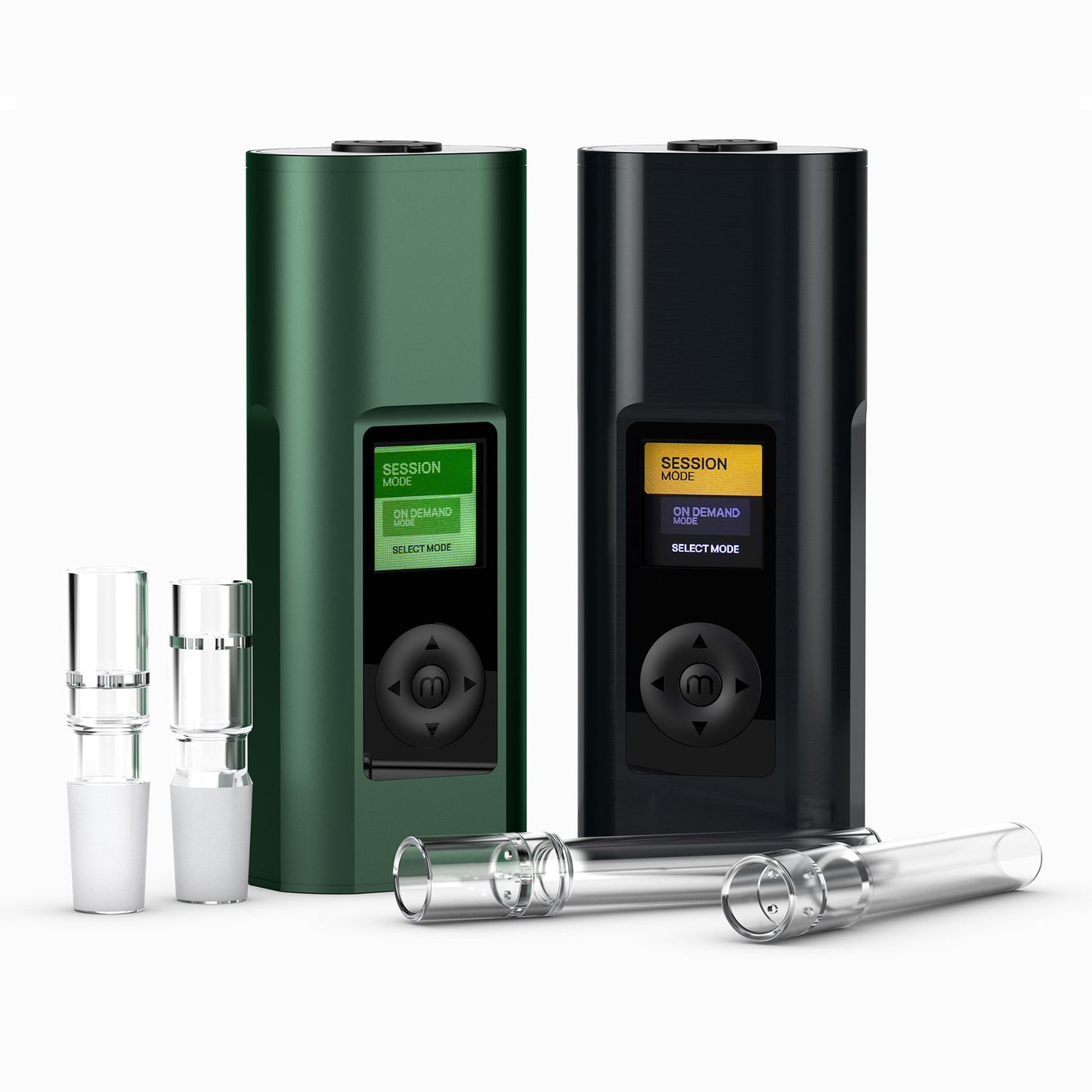 Grüner und schwarzer Solo 3 Vaporizer nebeneinander, jeweils mit vollständig ausgelegtem Zubehör – inklusive Aromarohre, Netzteil und Silikonkappen