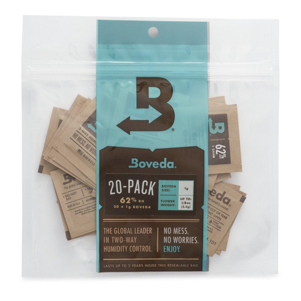 Boveda 62% Feuchtigkeitsregler – 20er-Pack in Größe S zur Stabilisierung der Luftfeuchtigkeit für jeweils ca. 3,5 g Kräuter. Ideal zum Vapen oder zur langfristigen Lagerung. Die braunen Päckchen mit 62%-Aufdruck sorgen für gleichbleibende Frische und optimalen Aromaschutz.