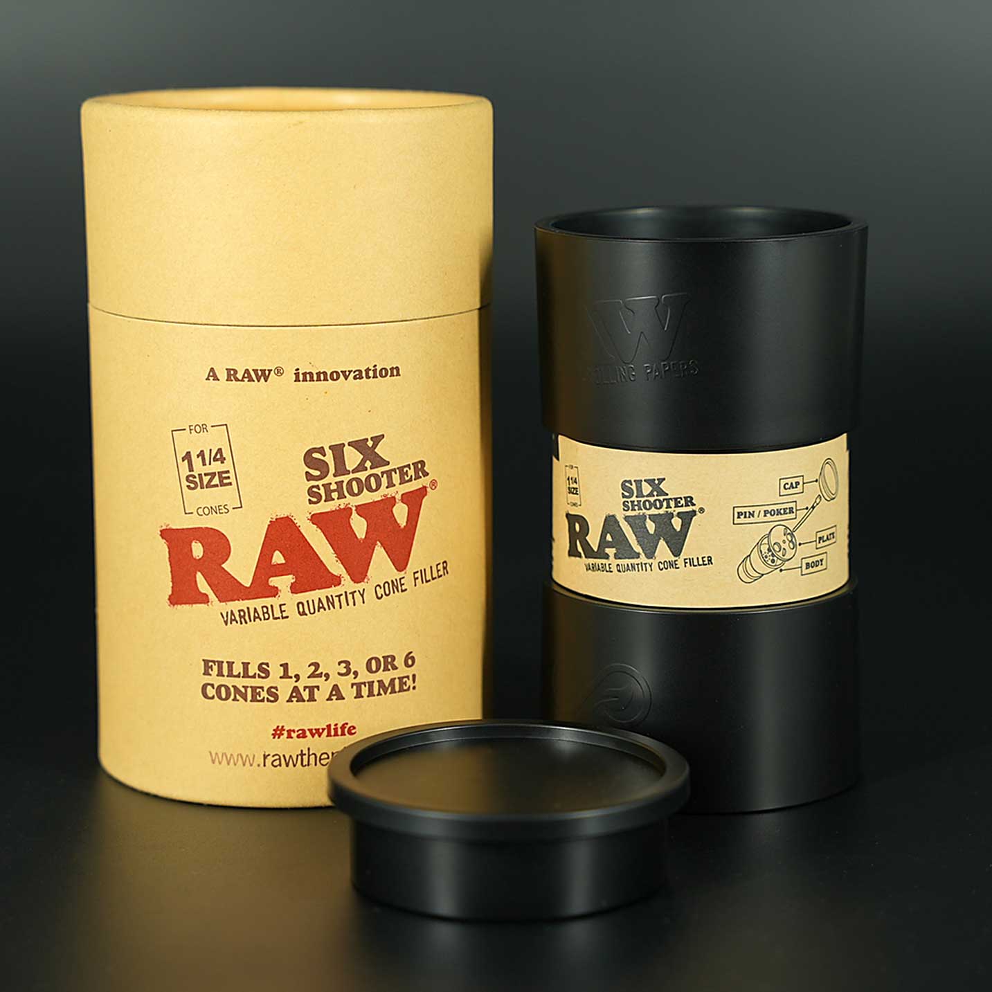 Der RAW Six Shooter 1¼ befüllt bis zu sechs Cones gleichzeitig – ideal für schnelles Vorbereiten