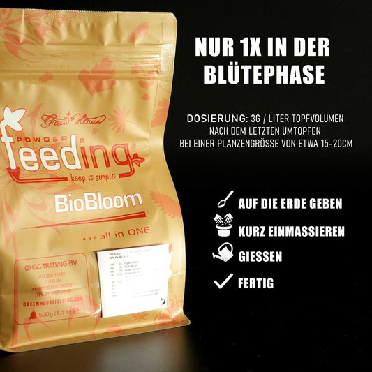 Bloom während der Blütephase ins Gießwasser geben. Dosierung laut Anleitung – sorgt für kräftige Blütenbildung und verbessertes Aroma
