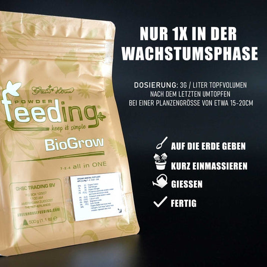 Grow während der Wachstumsphase ins Gießwasser mischen. Fördert kräftige Stängel, gesunde Wurzeln und üppiges Blattwachstum
