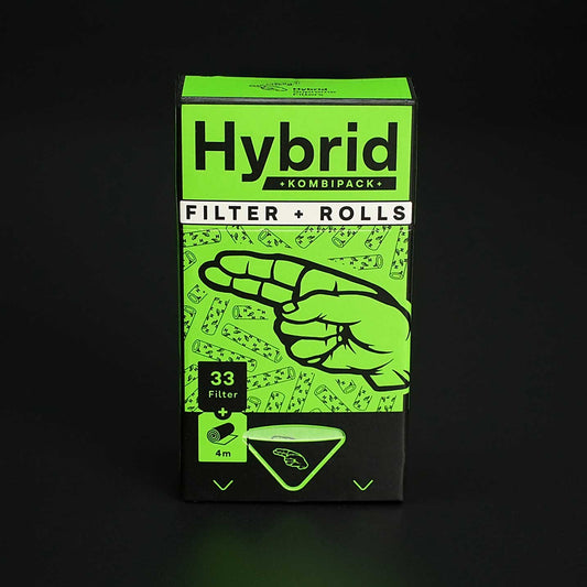 Das Hybrid Supreme Filters Kombipack enthält 33 Aktivkohlefilter und eine 4 m lange Roll aus 45 mm breitem Paper – alles in einem kompakten Set