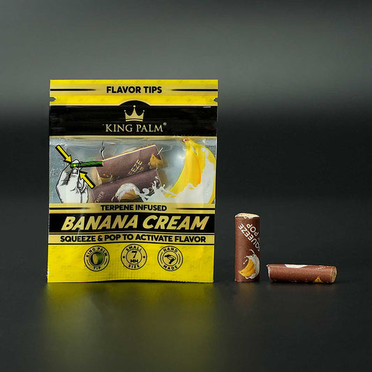 Der King Palm Flavor Tip – Banana Cream setzt durch sanften Druck ein süßlich-cremiges Bananenaroma frei – passend für Hülsen, Cones oder Papers, ganz ohne Tabak.