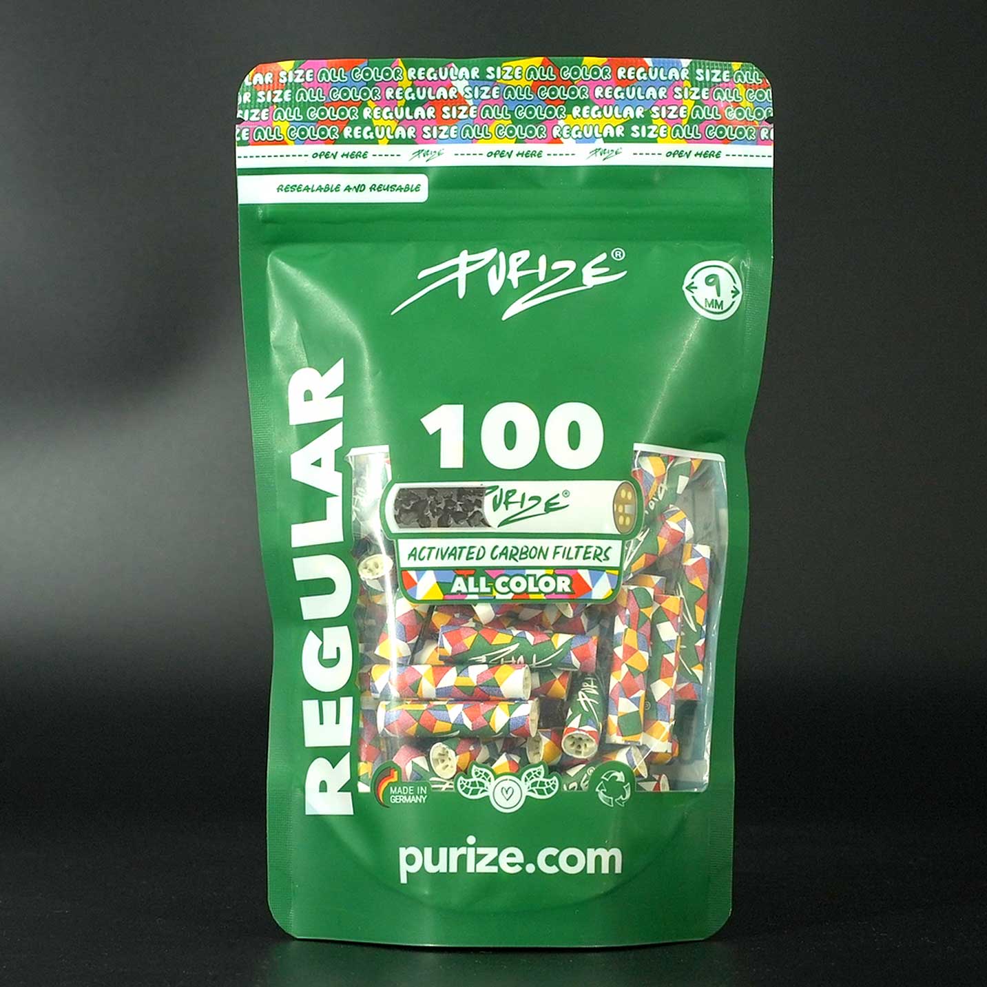 PURIZE Aktivkohlefilter Bunt 9 mm Regular, 100er-Beutel, stylische Farbmischung.