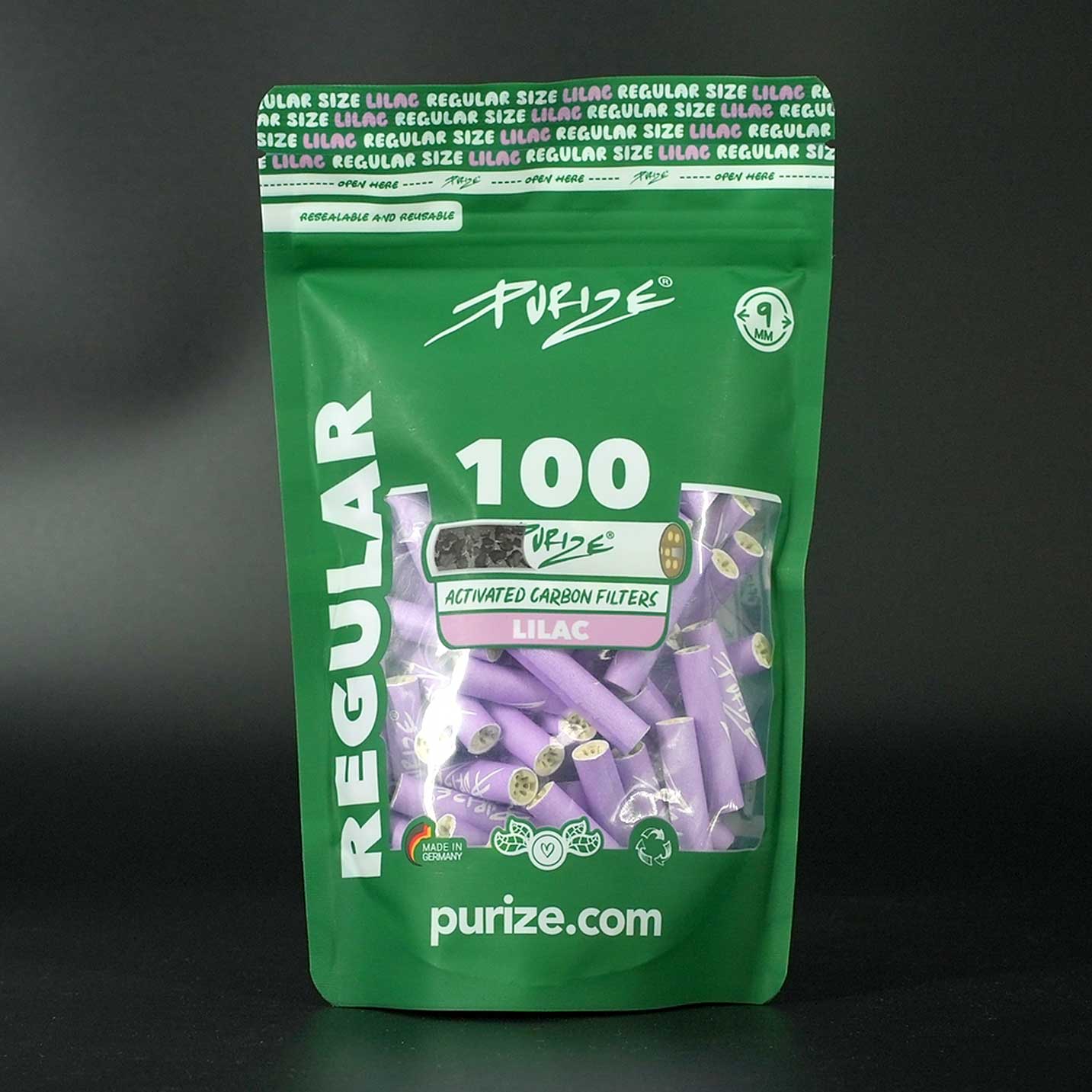 PURIZE Aktivkohlefilter Regular Size 9 mm Lila, 100 Stück, stylische Farbvariante.