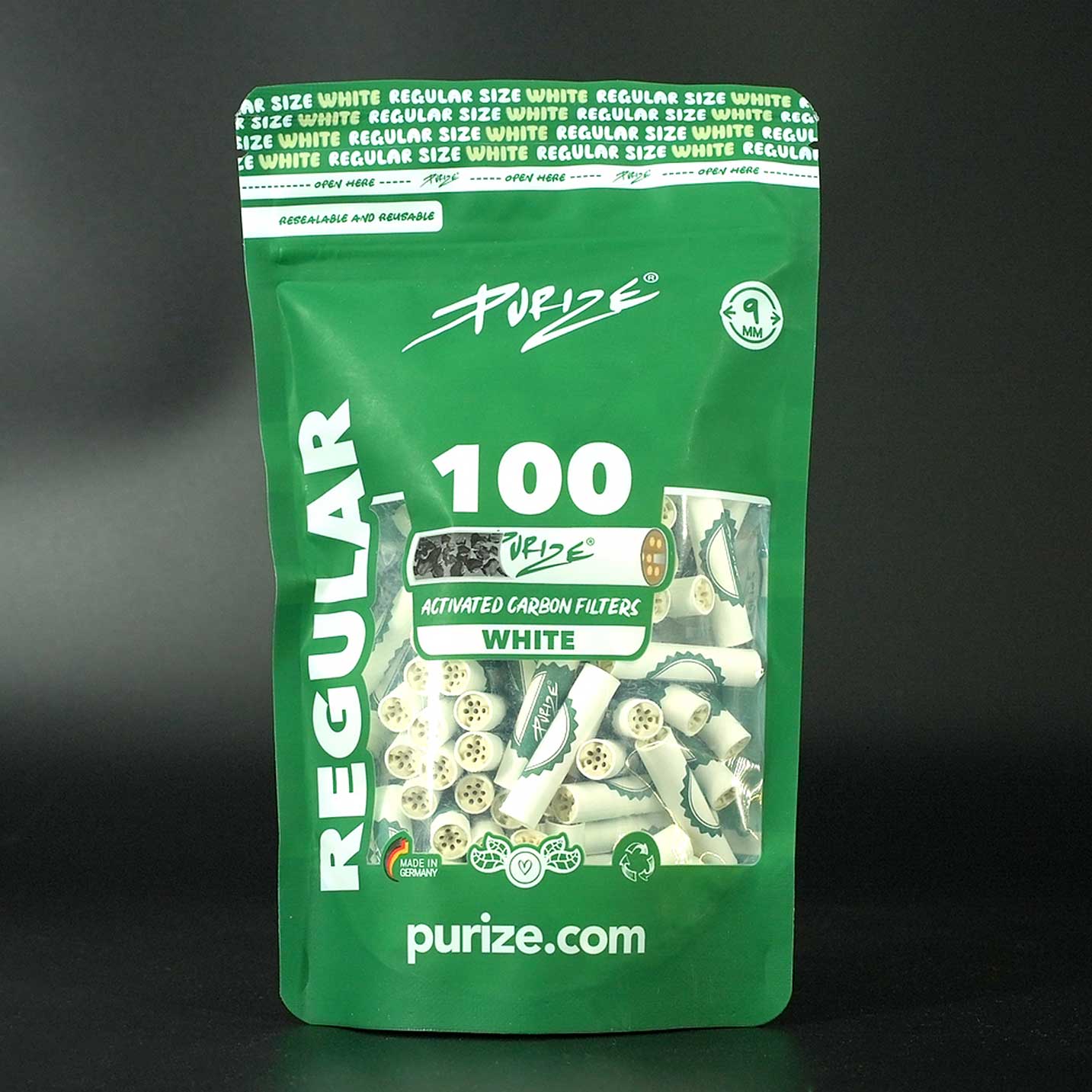 PURIZE Aktivkohlefilter Regular Size 9 mm Weiß, 100 Stück im Beutel, Aktivkohlefilter.