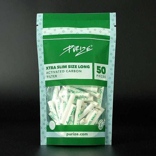 PURIZE Aktivkohlefilter XTRA Long Size 6 mm x 40 mm, 50 Stück im Beutel, weiße Long-Filter mit Aktivkohle.