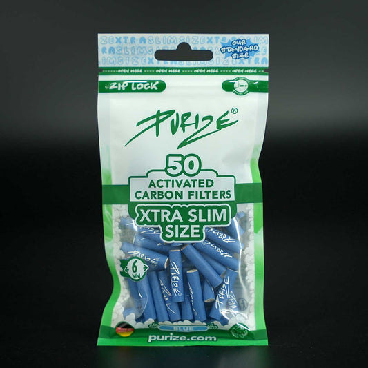 PURIZE Aktivkohlefilter XTRA Slim 6 mm blau, 50 Stück, stylische Filter mit Aktivkohle.