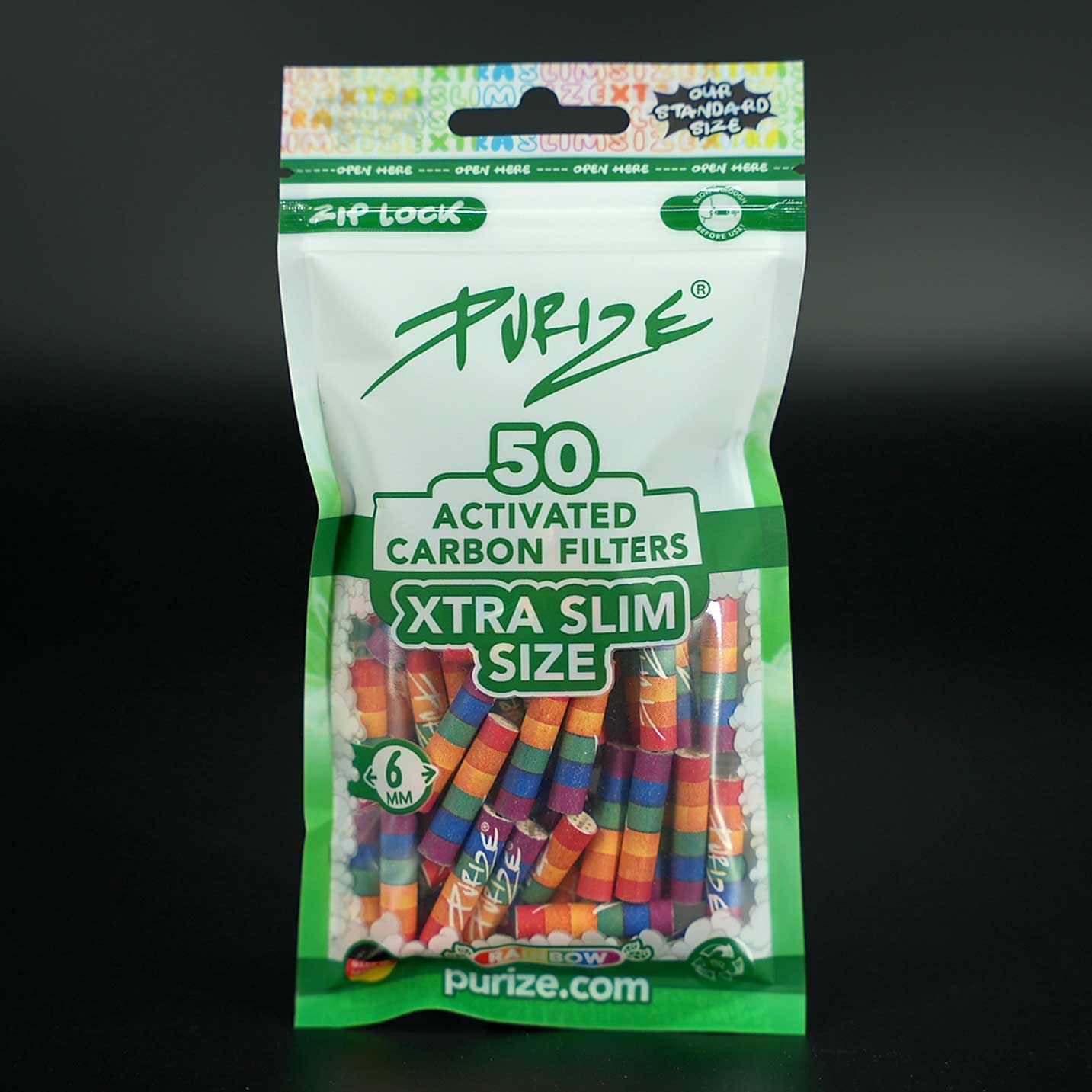 PURIZE Aktivkohlefilter XTRA Slim 6 mm bunt, 50 Stück, stylische Filter mit Aktivkohle.
