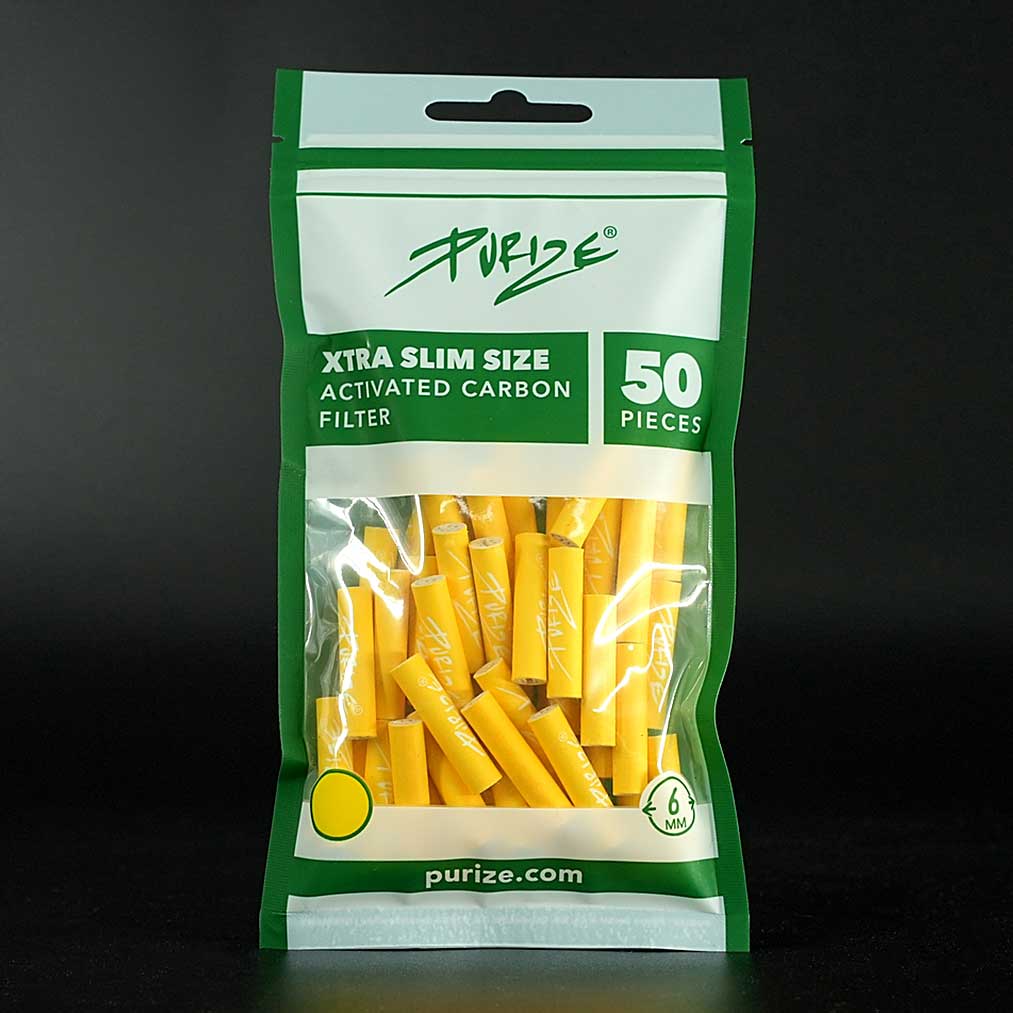 PURIZE Aktivkohlefilter XTRA Slim 6 mm Gelb, 50er-Beutel, hochwertige Filter für kühlen und milden Rauch.