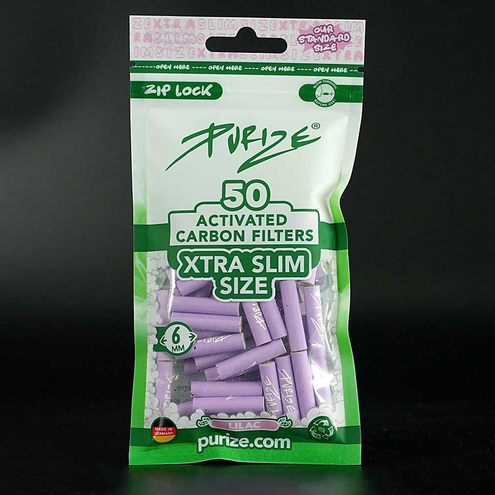 PURIZE Aktivkohlefilter XTRA Slim 6 mm Lila, 50 Stück, stylische Filter mit Aktivkohle.