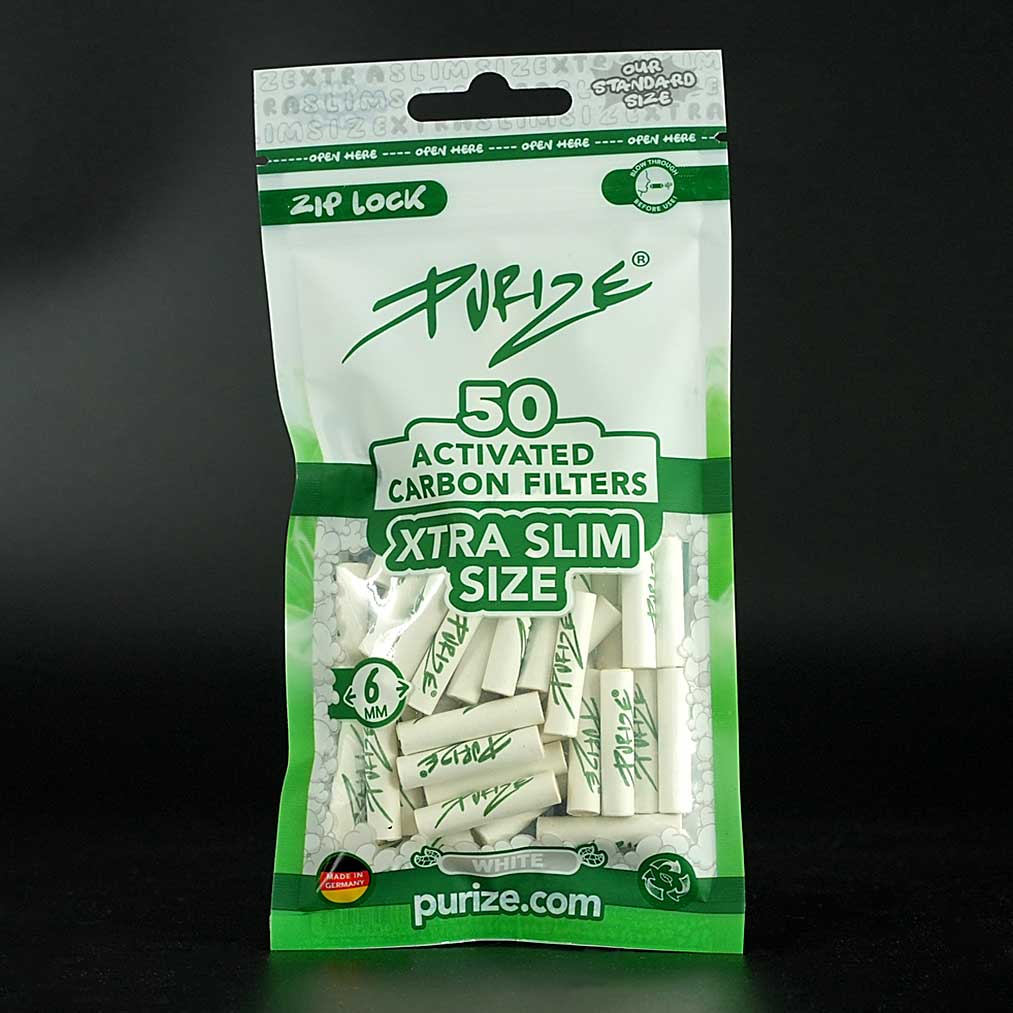 PURIZE Aktivkohlefilter XTRA Slim 6 mm Weiß, 50er-Beutel, hochwertige Filter für kühlen Rauch.