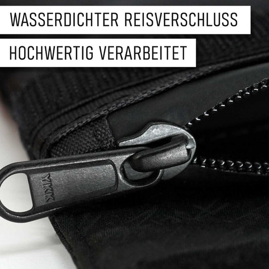 Nahaufnahme des wasserdichten Reißverschlusses der PURIZE® Aktivkohletaschen – sicherer Schutz vor Feuchtigkeit und Gerüchen