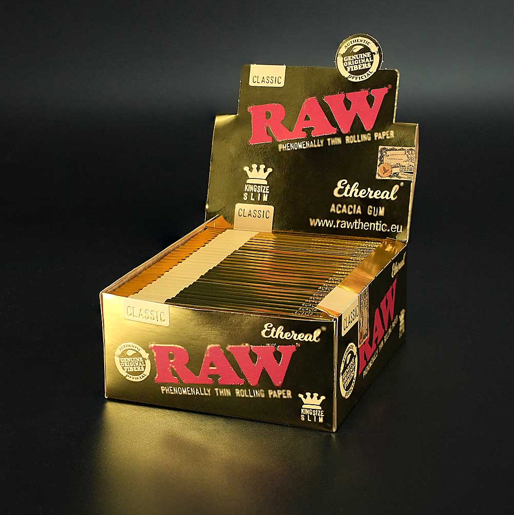 RAW Ethereal Slim King Size Vorratsbox, Display mit 50 Heften ultradünner Papers.