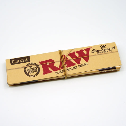 RAW® Connoisseur King Size Slim – einzelnes Heft mit ungebleichten Blättchen, Tips und Gummibandverschluss