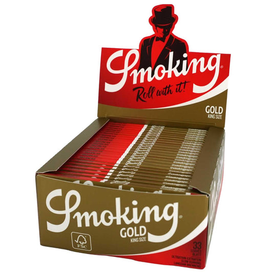Die Smoking Gold King Size Slim Vorratsbox enthält 50 Heftchen mit je 33 ultradünnen Longpapers – ideal für Vielnutzer.
