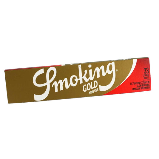 Die Smoking Gold King Size Slim sind ultradünne Longpapers mit natürlicher Gummierung und transparentem Look – für stilvolles Drehen.