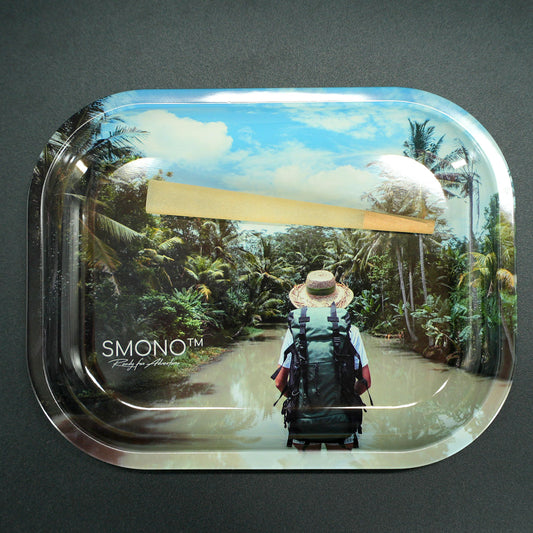 Smono Rolling Tray Small Jungle, Bild mit Größenvergleich, ideal für Zuhause und Reisen.