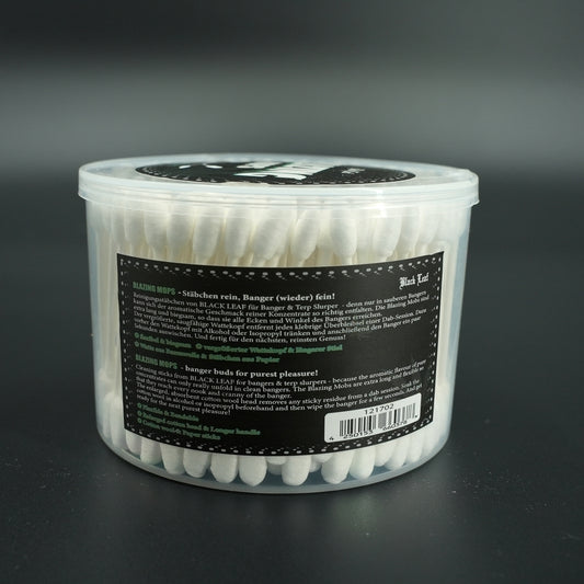 Rückseite der Blazing Mops Verpackung von Black Leaf® – mit Anwendungshinweisen und Produktdetails der Reinigungsstäbchen für Banger und Terp Slurper