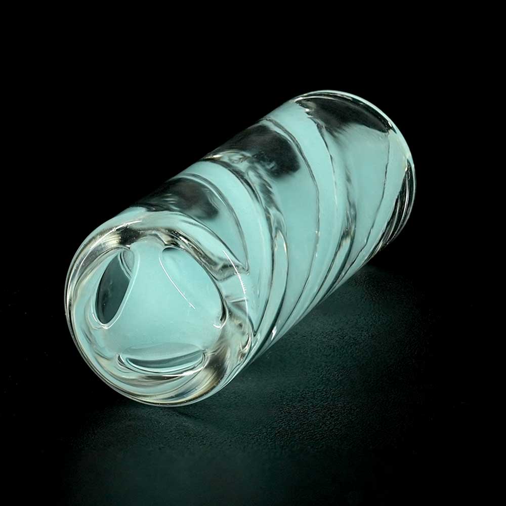 Detailaufnahme STYCKY Glasfilter Blizzard Ø 10 mm mit eisblauem Spiraldesign im Glas