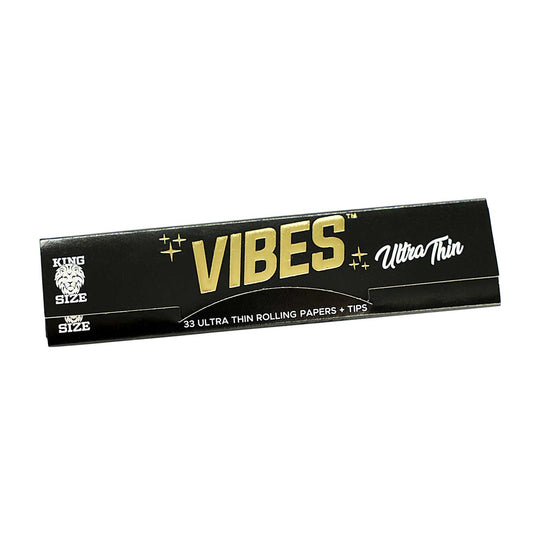 Das VIBES Ultra Thin Set enthält 33 King Size Slim Papers und 33 passende Tips – für extra langen, puren Rauchgenuss