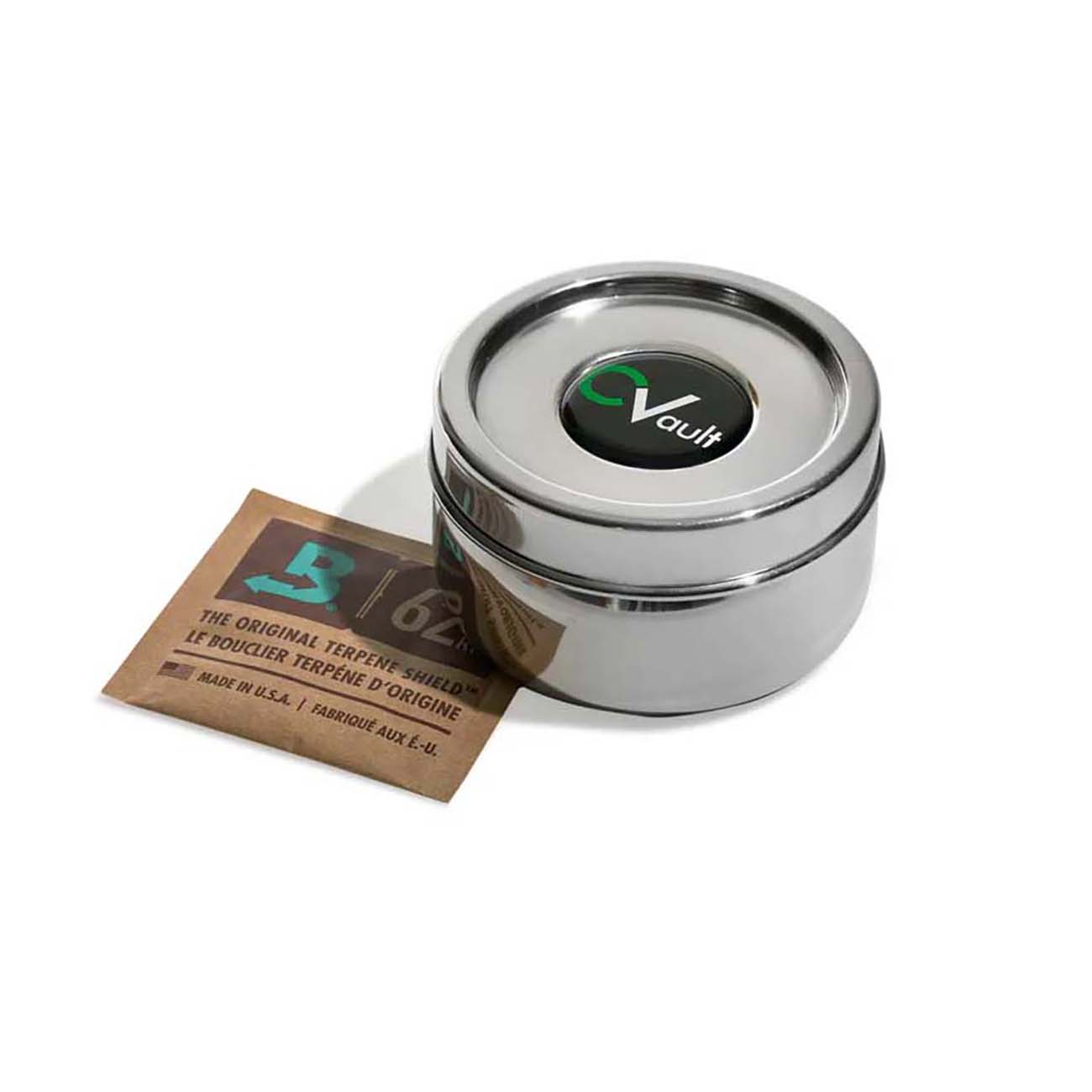 CVault TWIST Container mit Schraubverschluss – kompakter Edelstahlbehälter mit beiliegendem Boveda-Pack zur Aromaerhaltung unterwegs