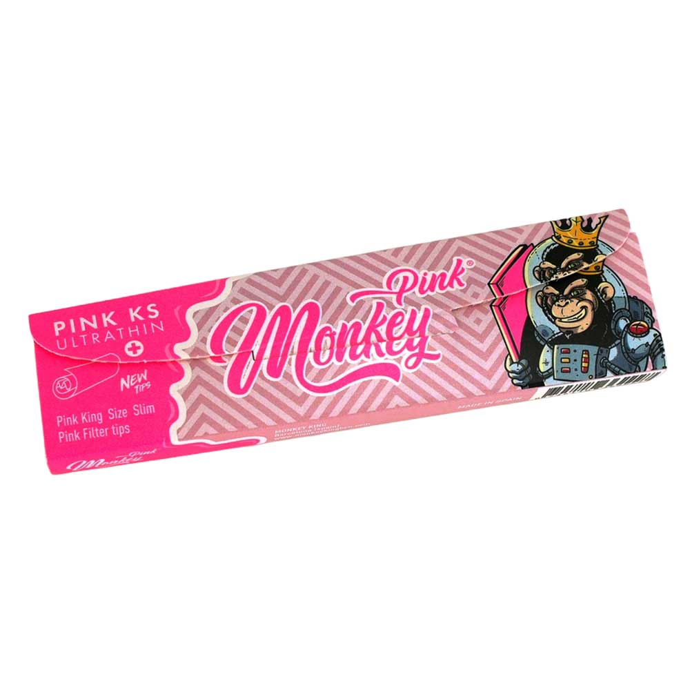 Auffällige King Size Slim Papers in Pink mit süßem Bubblegum-Duft – das Monkey King Smellpack KSS vereint Stil und Geruchserlebnis.