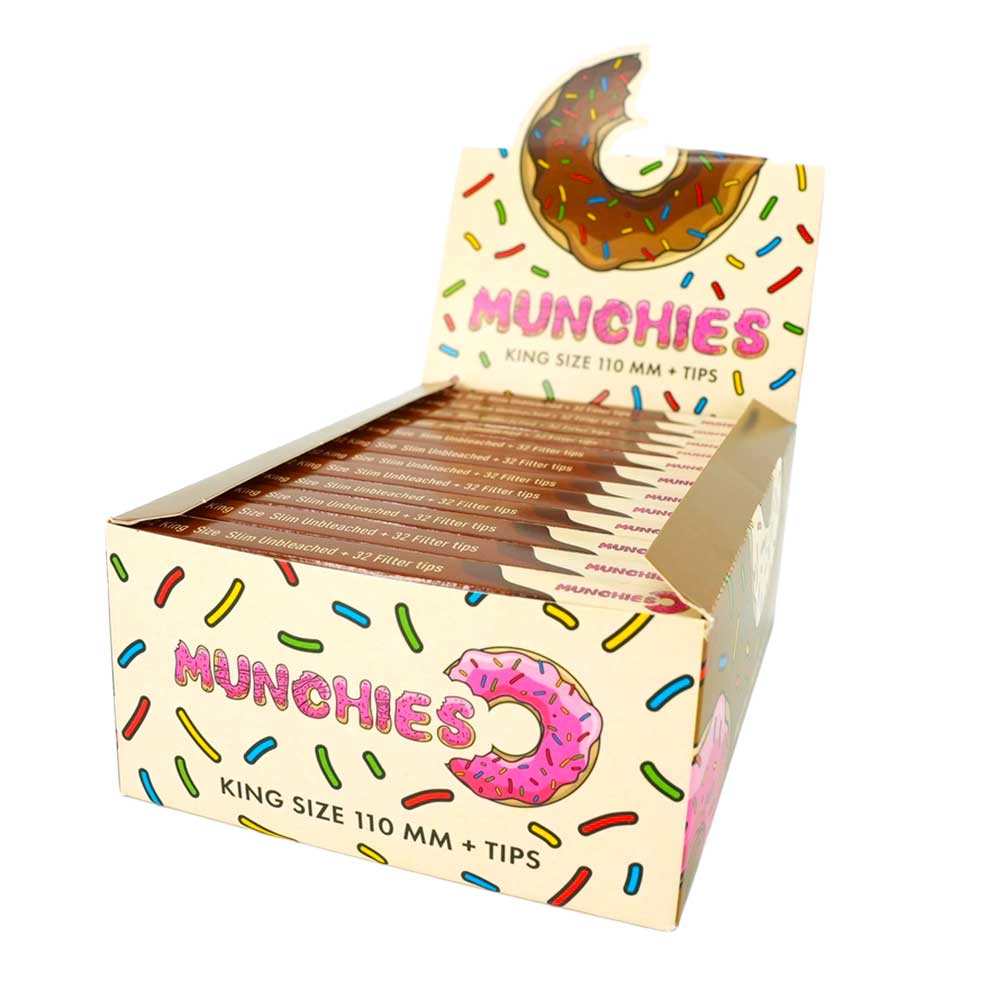 32 ungebleichte King Size Slim Papers mit natürlicher Gummierung display box – das Monkey King Munchies Heft für bewussten Rauchgenuss