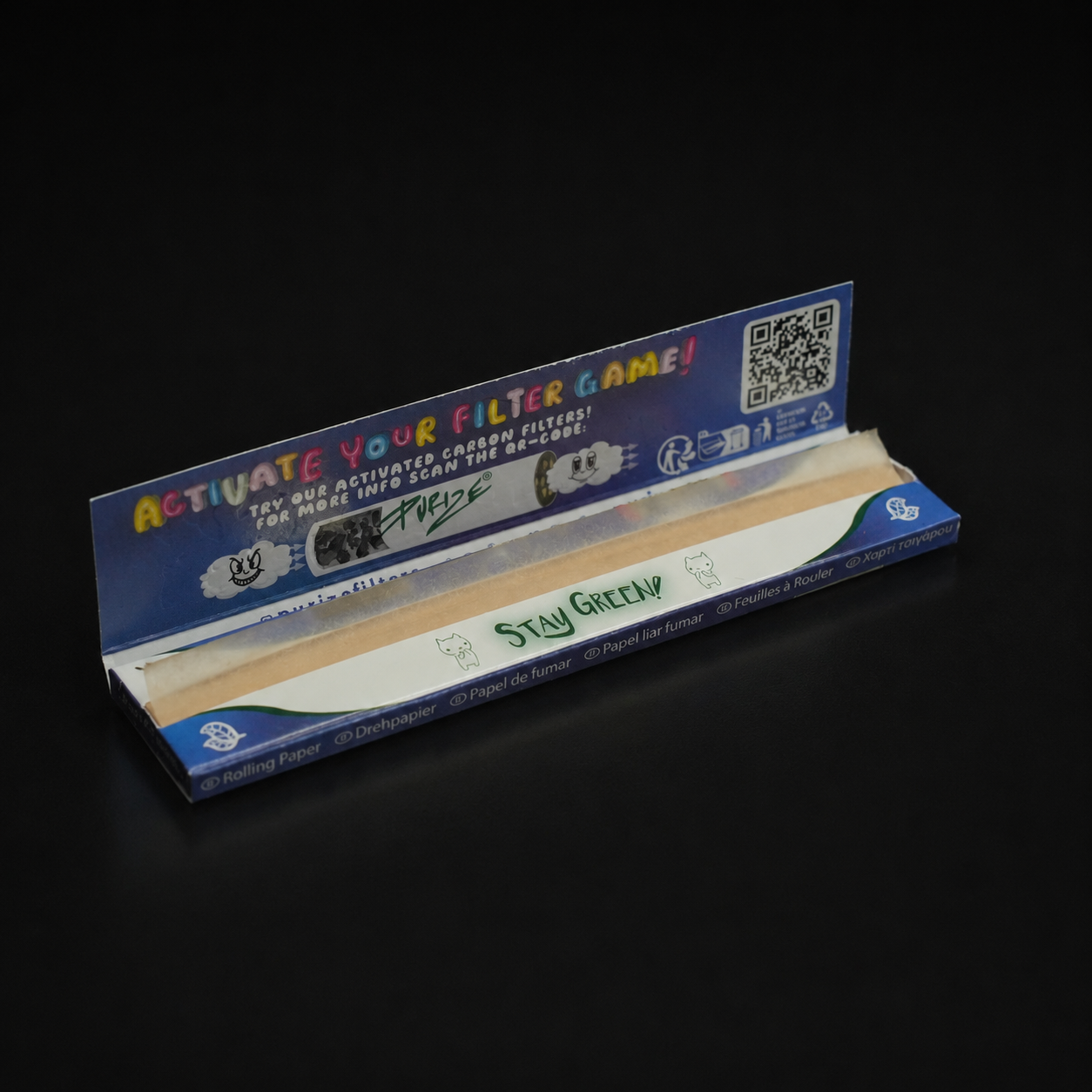 Geöffnete PURIZE King Size Ultra Slim Papers mit sichtbaren Blättchen