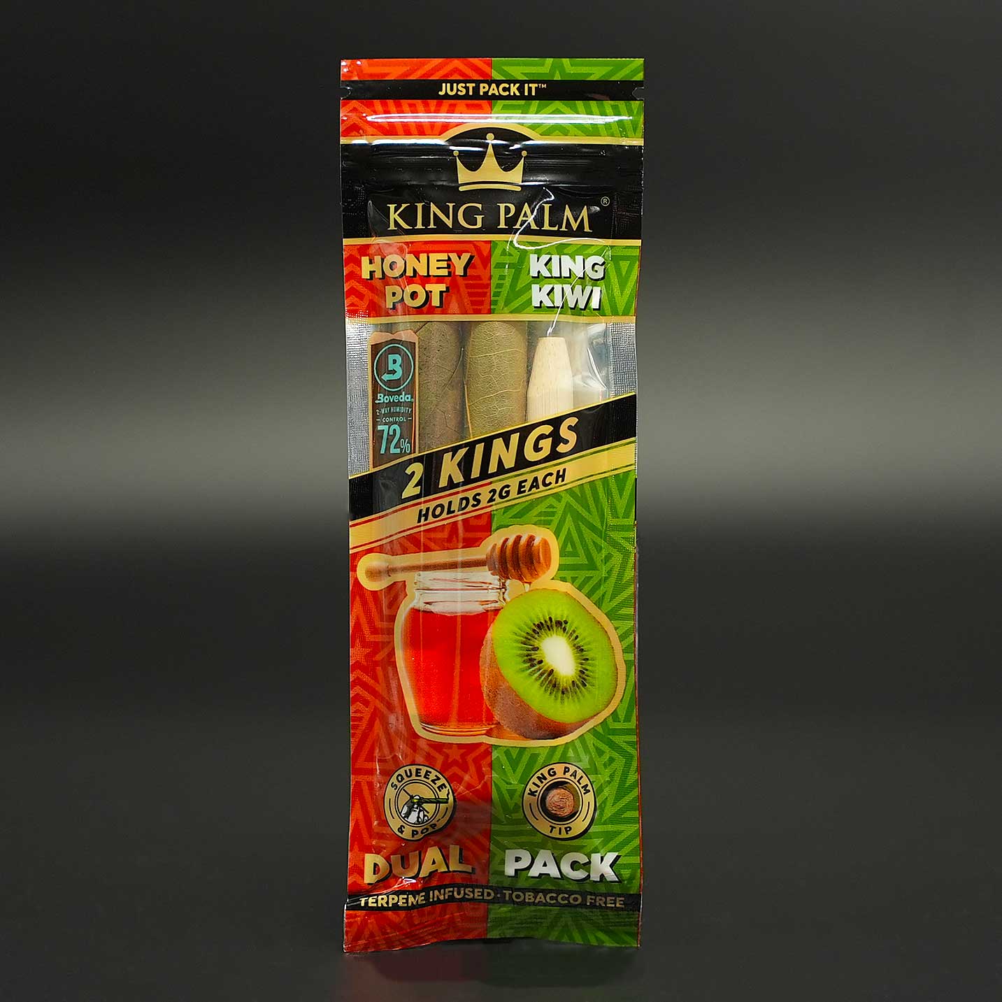 Das King Palm Dual Pack enthält zwei natürliche Mini Rolls mit aktivierbarer Terpenkapsel für dezentes Aroma in Honey & Kiwi