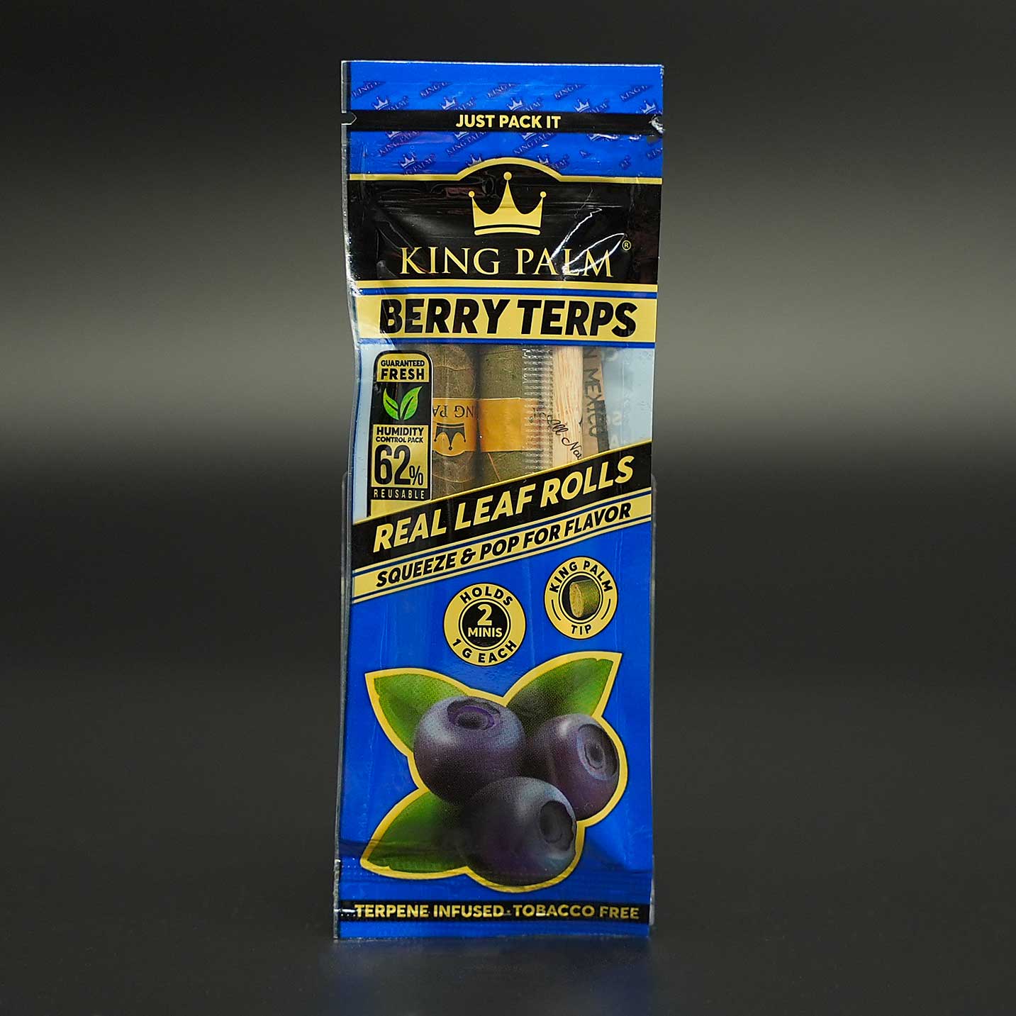 Die King Palm Berry Terps Mini Rolls bestehen aus natürlich geformten Palmenblättern mit fest integrierten Filtern und sauberer Verarbeitung – bereit zur direkten Nutzung