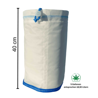 Graveda Bubble Bags Set mit 7 farbcodierten Nylon-Filtersäcken (220–25 µ) und Pressing Screen – für Ice-Water H@SH Herstellung, passend für 5-Gallonen-Behälter. Maße in cm.