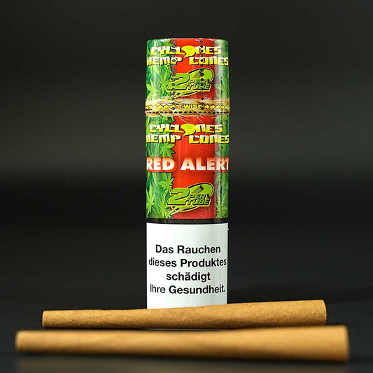 Die Cyclones Hemp Cones Red Alert bieten vorgedrehte Hanfhülsen mit integriertem Filter und süßem Erdbeeraroma.