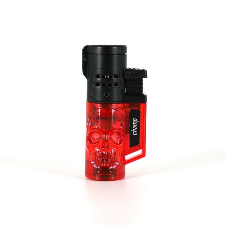 Das Champ High 3D Skull Feuerzeug mit 2-facher Jet-Flamme und Totenkopf-Relief.
