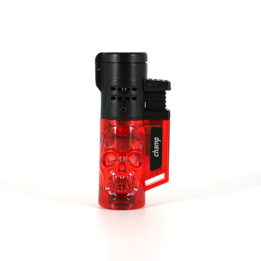 Das Champ High 3D Skull Feuerzeug mit 2-facher Jet-Flamme und Totenkopf-Relief.