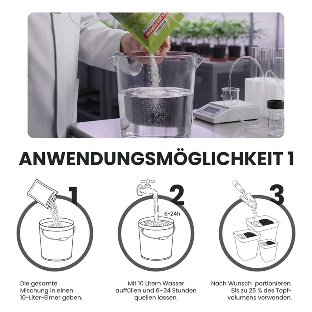 Dryferm HolidayGrow Hydrogel in Wasser quellen lassen zur Vorbereitung für den Einsatz im Substrat