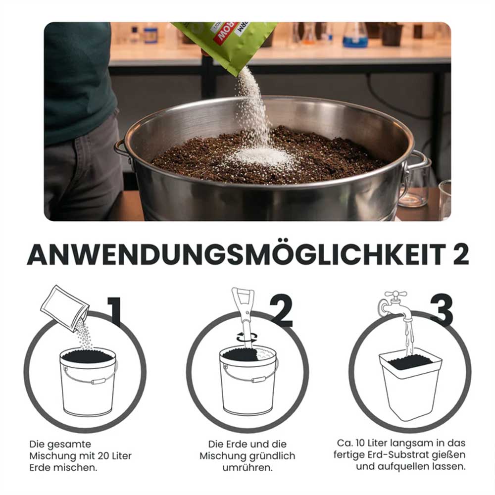 Dryferm HolidayGrow Granulat mit Erde mischen für verbessertes Wassermanagement im Pflanzsubstrat