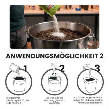 Dryferm HolidayGrow Granulat mit Erde mischen für verbessertes Wassermanagement im Pflanzsubstrat