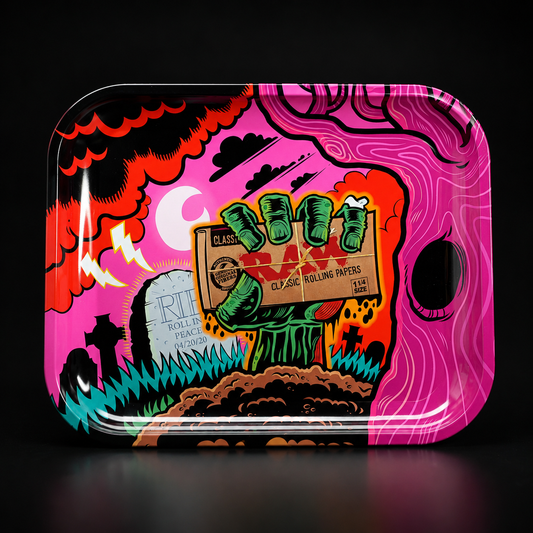 RAW Zombie Rolling Tray Large mit auffälligem Zombie-Motiv und RAW Papers Design in Frontalansicht