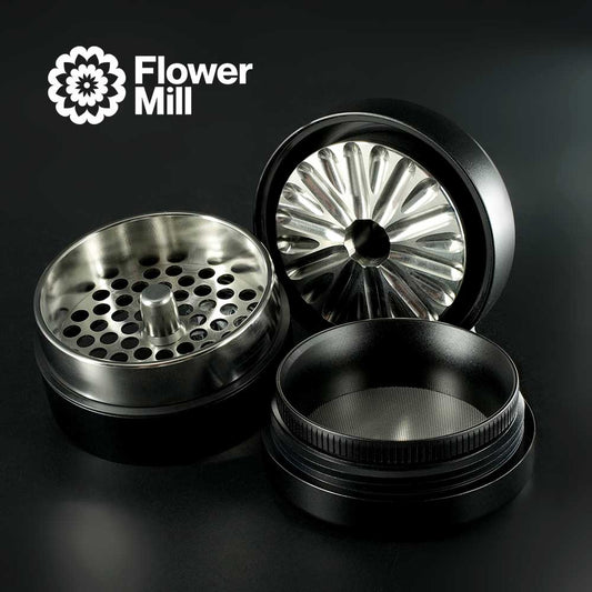 Flower Mill Next Gen Premium Grinder Edelstahl – modularer Grinder auseinandergebaut in Einzelteile