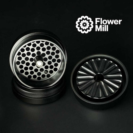 Flower Mill Next Gen Standard Grinder Schwarz – 3-teiliger Aluminium Grinder auseinandergebaut