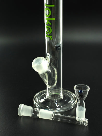 Im Lieferumfang enthalten: die JJ-S-008 Glasbong von Jelly Joker, ein 10 cm langer Schlitz-Diffusor und ein passender Glaskopf mit 18.8 mm Schliff