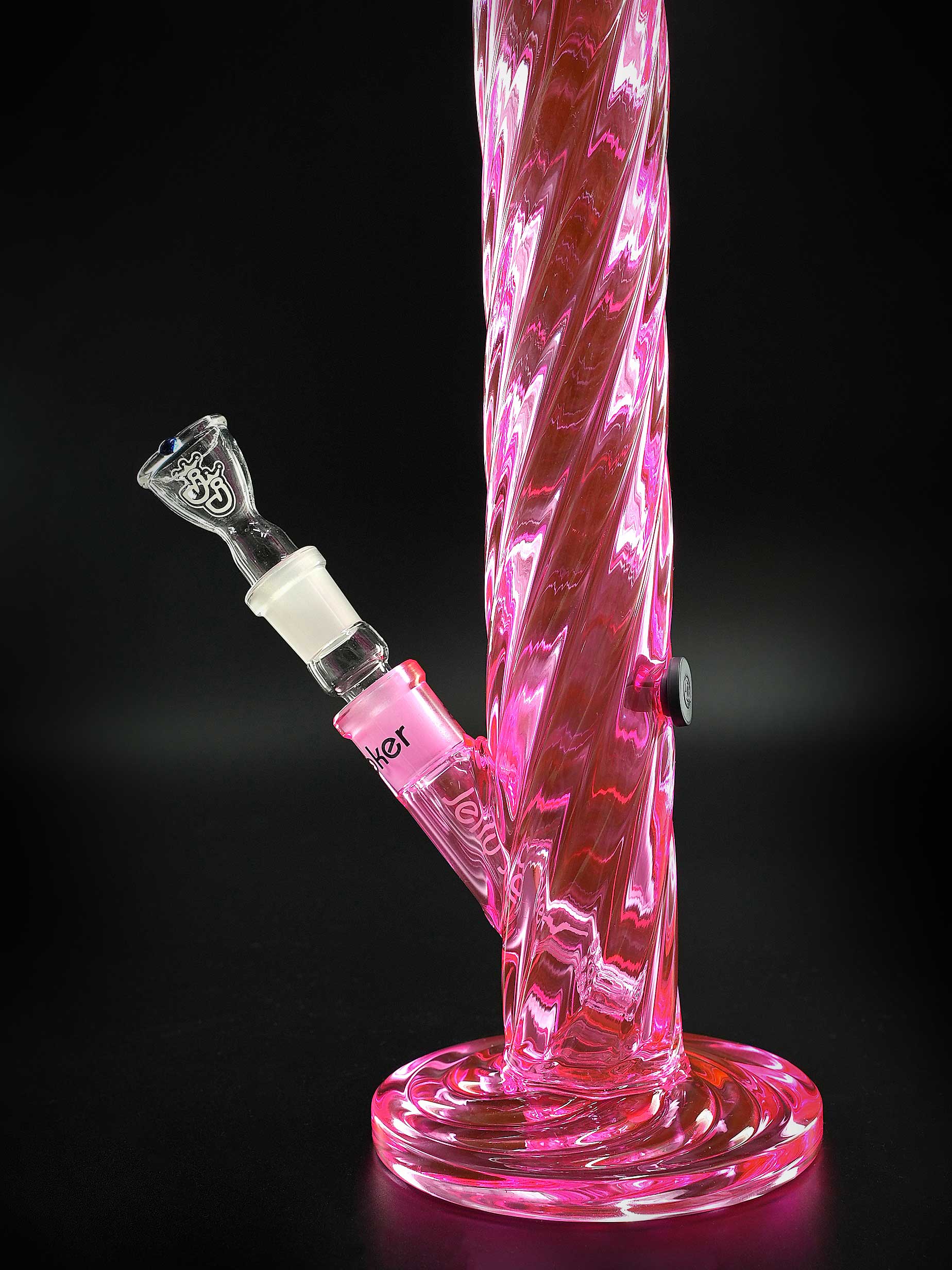 Das kunstvoll gedrehte Borosilikatglas der Twylinder Pink verleiht der Jelly Joker Bong eine hochwertige und dynamische Optik.