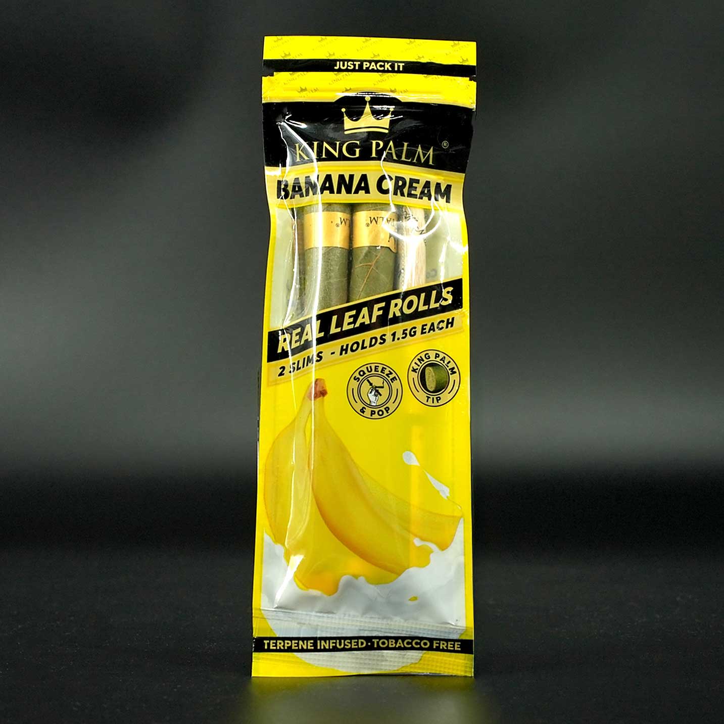 King Palm 2 Slim Rolls Banana Cream, tabakfreie Pre-Rolled Cones mit süß-cremigem Bananengeschmack.