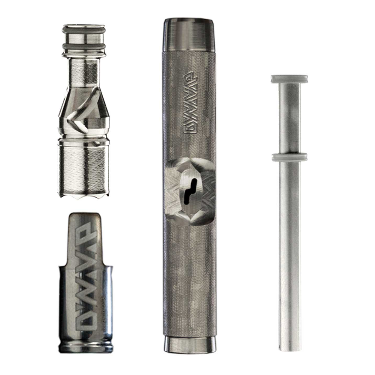 Lieferumfang des DynaVap VapCap M7 – enthält den kompakten Edelstahl-Vaporizer mit vormontierter Captive Cap und passender Aufbewahrungsröhre (SlimCase oder DynaStash)