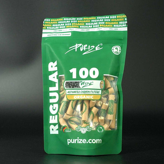 PURIZE Aktivkohlefilter Regular Size 9 mm Organic, 100 Stück, nachhaltige Natur-Variante.