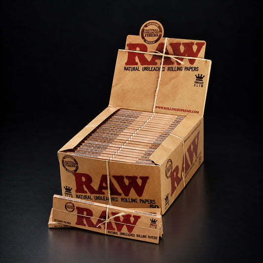 RAW® Vorratsbox mit 50 King Size Slim Heften – Blättchen aus natürlichen Pflanzenfasern