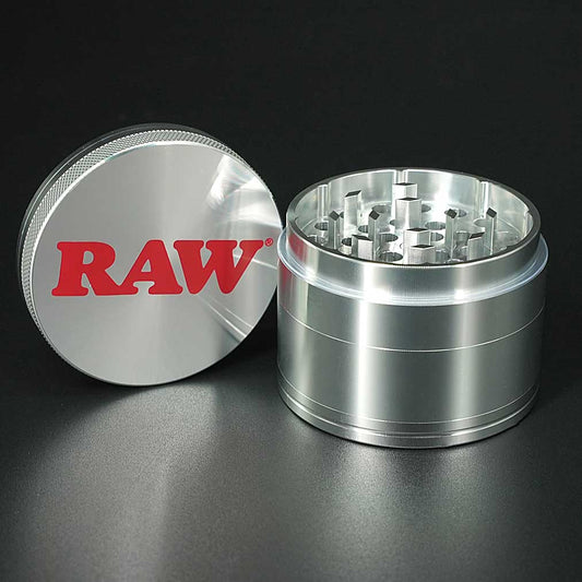 RAW Aluminium Grinder Ø 56 mm, silberner 4-teiliger Kräutergrinder mit Pollinator und Verpackung.