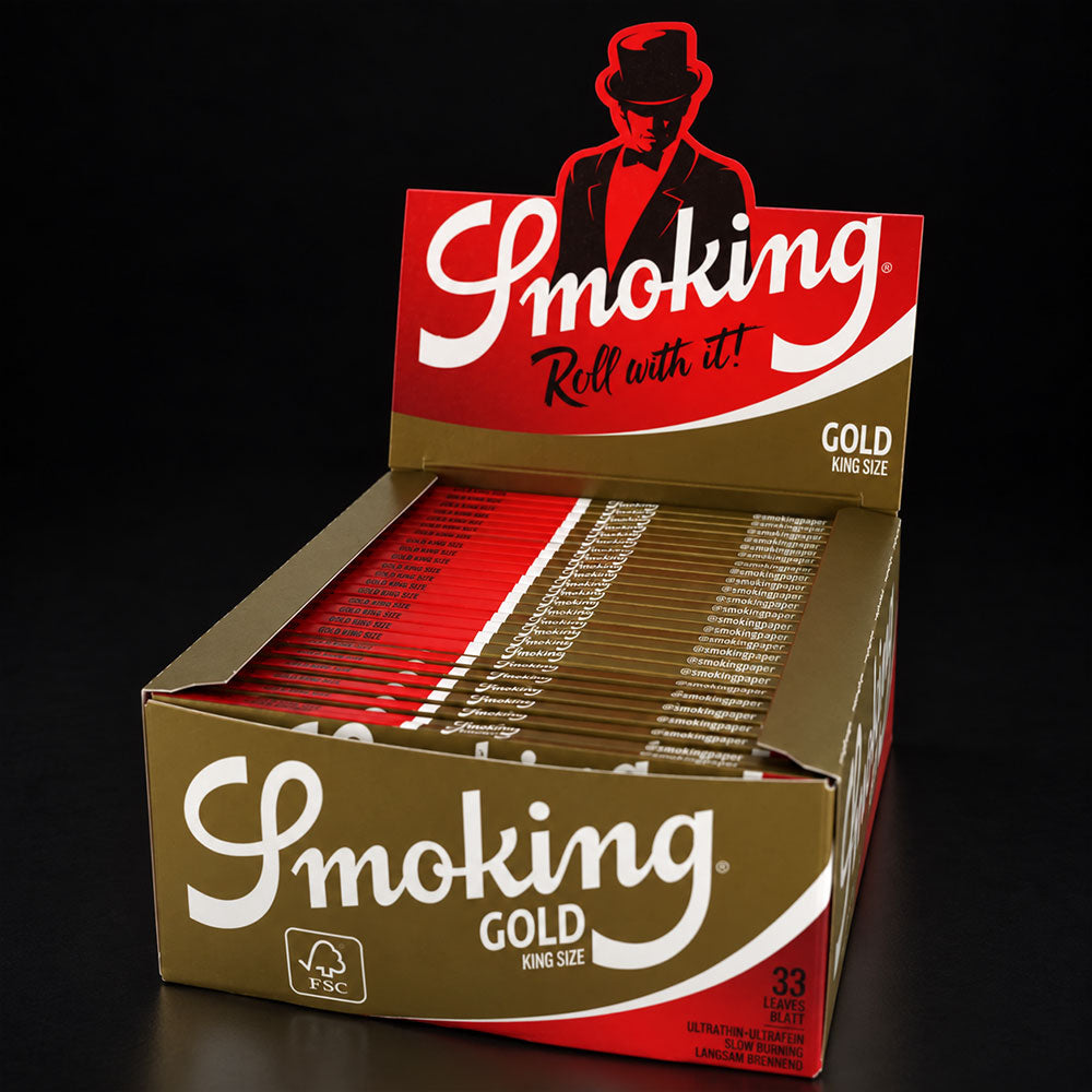 Die Smoking Gold King Size Slim Vorratsbox enthält 50 Heftchen mit je 33 ultradünnen Longpapers – ideal für Vielnutzer.